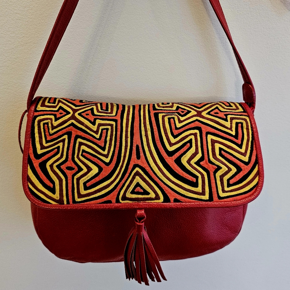 Crossbody Leather purse Mola Columbian Folk Art Boots 'n Bags Flap tassle